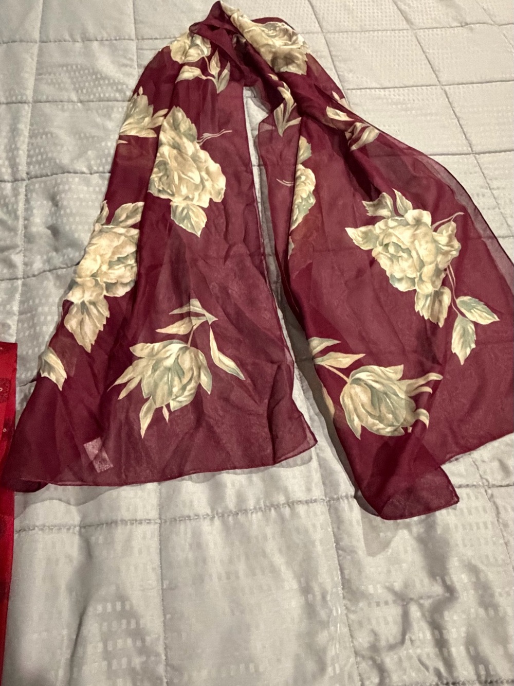 Floral Sheer Scarf-Style Burgundy Jacket Accent